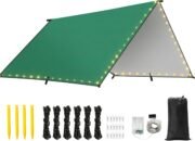 Waterproof Tent Tarp, 9.8 × 9.8 Ft Large Outdoor Shelter Cover with Light Strings, Lightweight Portable Tarp Shelter Rain Tarp Camping Canopy for Hiking Traveling Backpacking