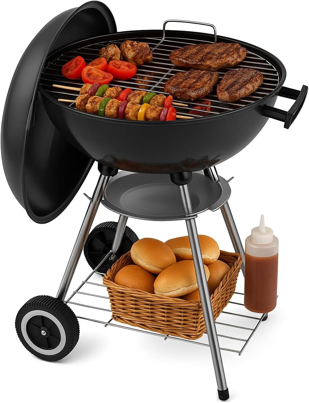 71AwCrxCbL._AC_SL1500_.jpg 18 Inch Portable Charcoal Grill – Heavy-Duty Round BBQ Grill with Thickened Grilling Bowl, Sturdy with 4 Legs & Wheels for Small Outdoor Barbecue, Camping, Travel, Tailgating & Backyard Cooking - Image 1