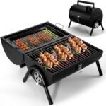 Portable Charcoal Grill (2 IN 1 Double-Sided), Small Tabletop Barbecue Grill with Food Tray & Rack for Outdoor Camping Home Patio BBQ Grilling, Heavy Duty & Multi-use, Easy Assembly ()