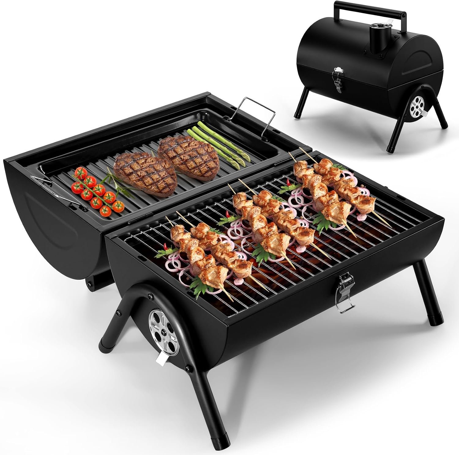 71PU2jl0TuL._AC_SL1500_.jpg Portable Charcoal Grill (2 IN 1 Double-Sided), Small Tabletop Barbecue Grill with Food Tray & Rack for Outdoor Camping Home Patio BBQ Grilling, Heavy Duty & Multi-use, Easy Assembly () - Image 1