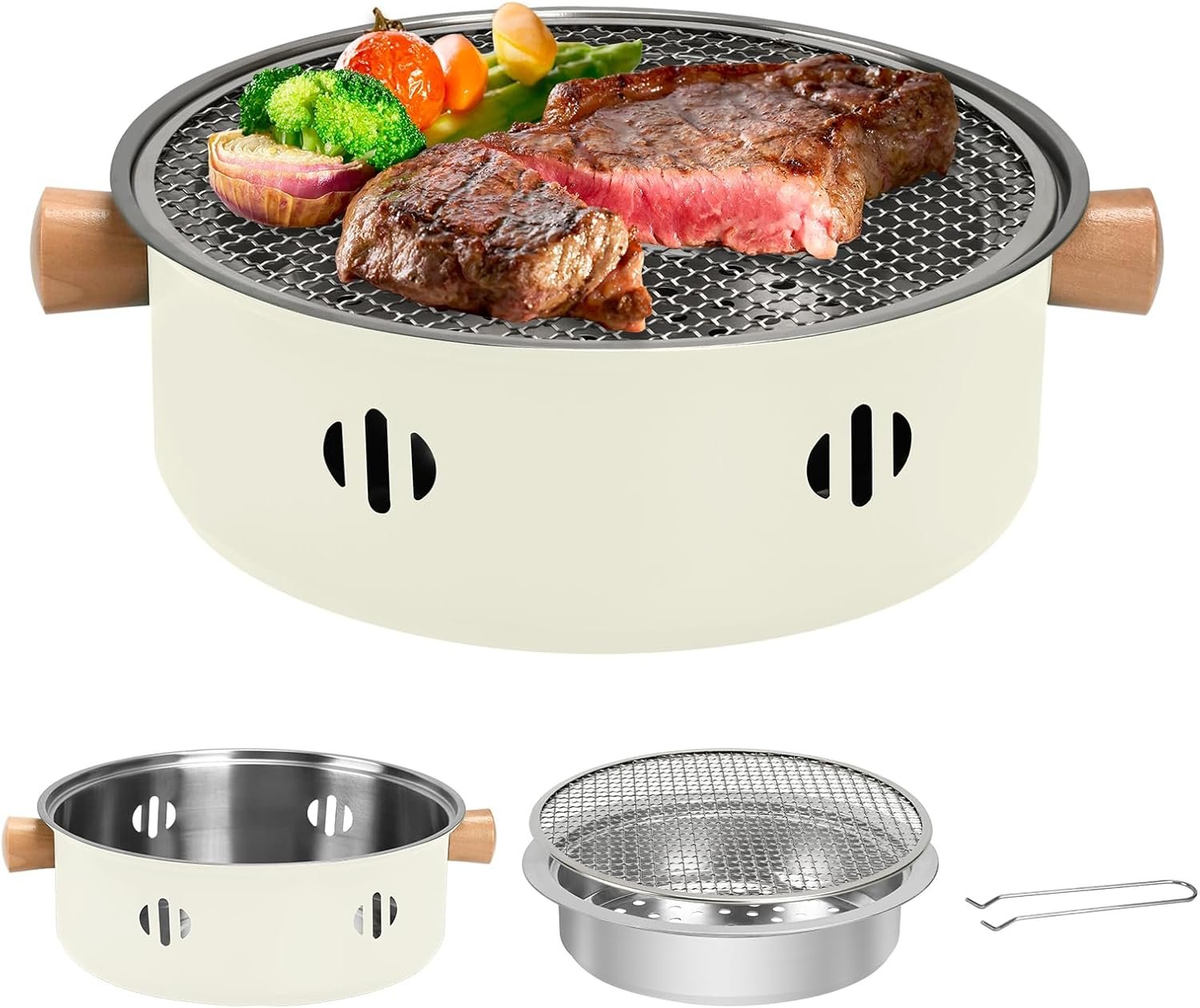 71VY98TG3GL._AC_SL1500_.jpg Portable Charcoal Barbecue Grill, 1pc Mini BBQ Grill Multifunctional Charcoal Grill Smokeless Round Tabletop Charcoal Grill for Indoor Outdoor Cooking Home Party Picnic Camping (Beige) - Image 1