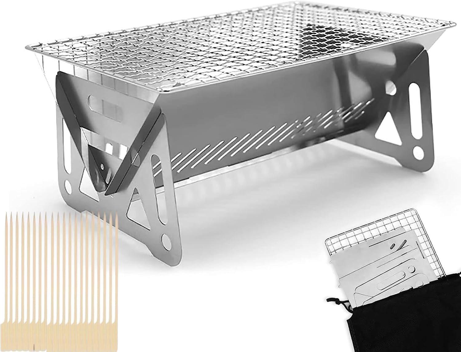 71vxfXMrETL._AC_SL1500_.jpg Mini Portable Camping Grill with Bamboo Stick/Storage bag, Small Assemblable Removable BBQ Grill Tabletop Fire Pit for Camping Patio Outdoor Stainless Steel Camping Grill Folding Barbecue Grills - Image 1